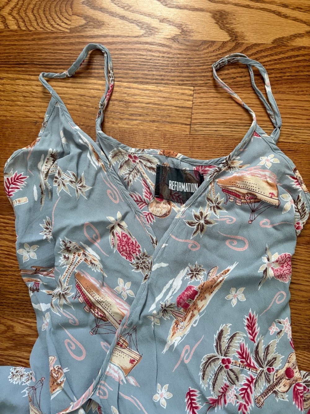 Reformation Blue Tropical Print Wrap Midi Dress Silk Feel Slip Dress Boho Resort - Picture 10 of 11
